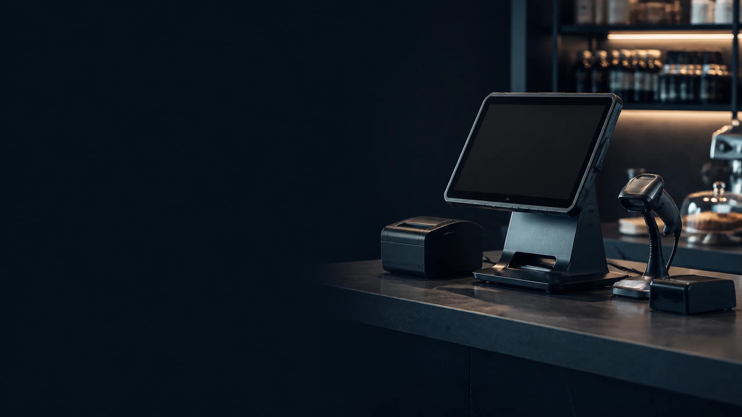 Professional operation of a point of sale with a touch terminal at a commercial counter.