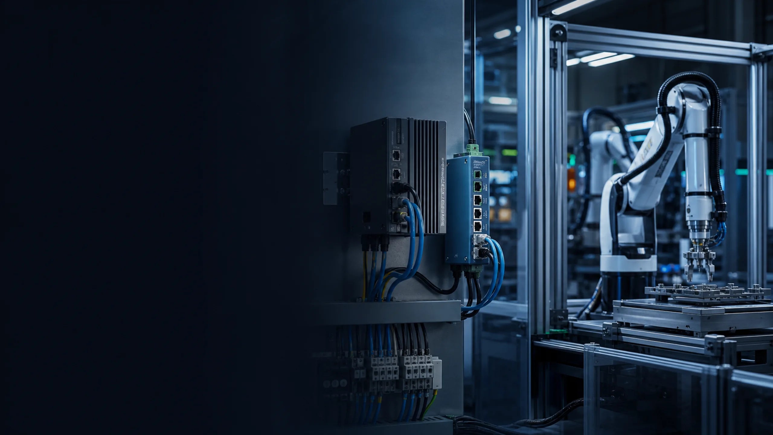 Ecossistema industrial conectado com automação robótica, computação edge robusta e infraestrutura de rede.