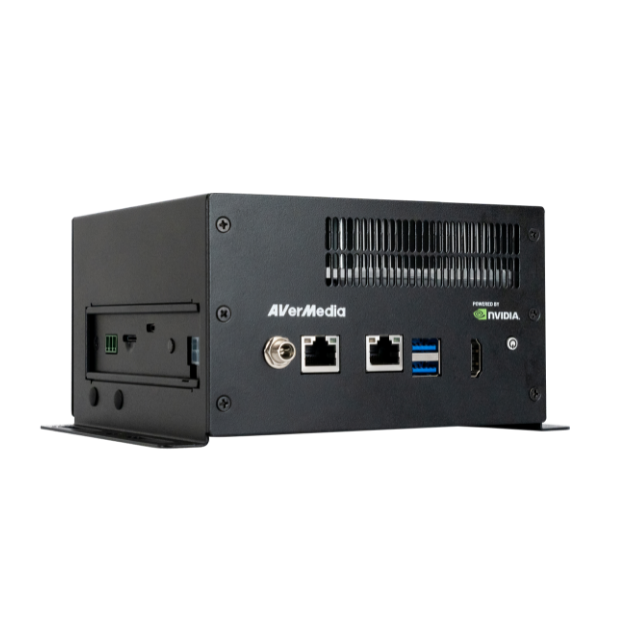 Computador Edge AI AVerMedia D315AOB, vista oblíqua frontal e lateral com suportes de montagem