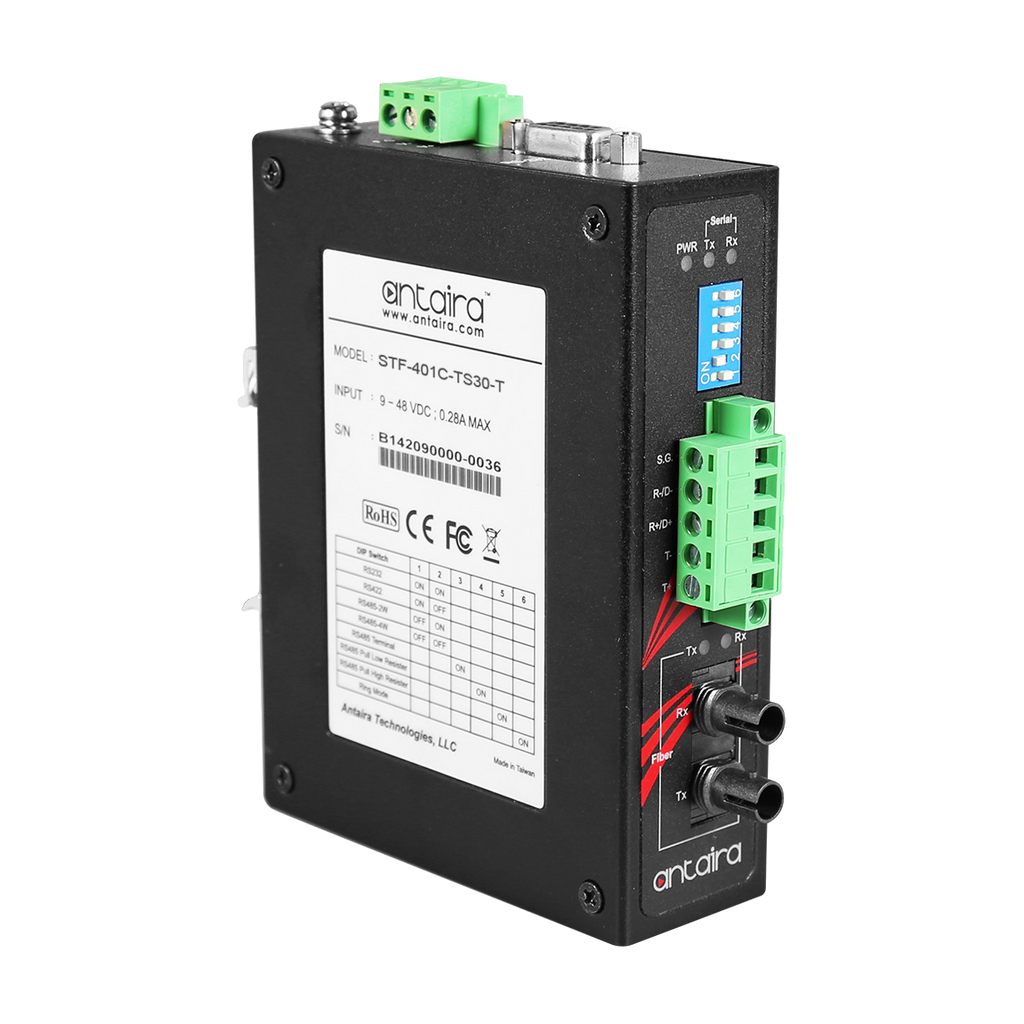 Conversor Antaira STF-401C-TS30-T, vista oblíqua frontal e lateral com terminais e conectores de fibra ST