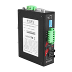Conversor Antaira STF-401C-TS30-T, vista oblíqua frontal e lateral com terminais e conectores de fibra ST