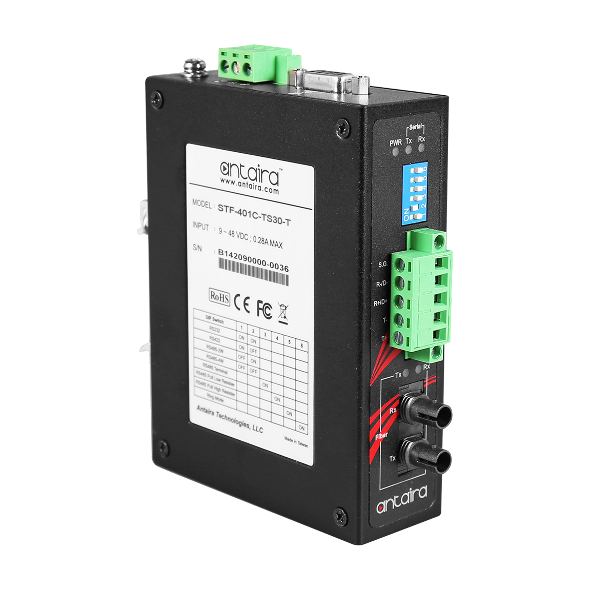 Conversor Antaira STF-401C-TS30-T, vista oblíqua frontal e lateral com terminais e conectores de fibra ST