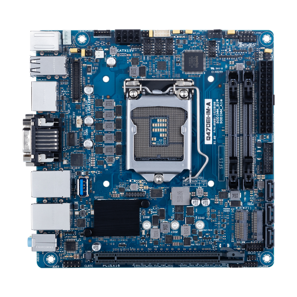 Placa industrial ASUS Q470EI-IM-A, vista superior com socket e conectores