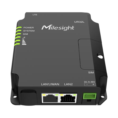 Router industrial Milesight UR32L-L04EU-P, vista frontal das ligações