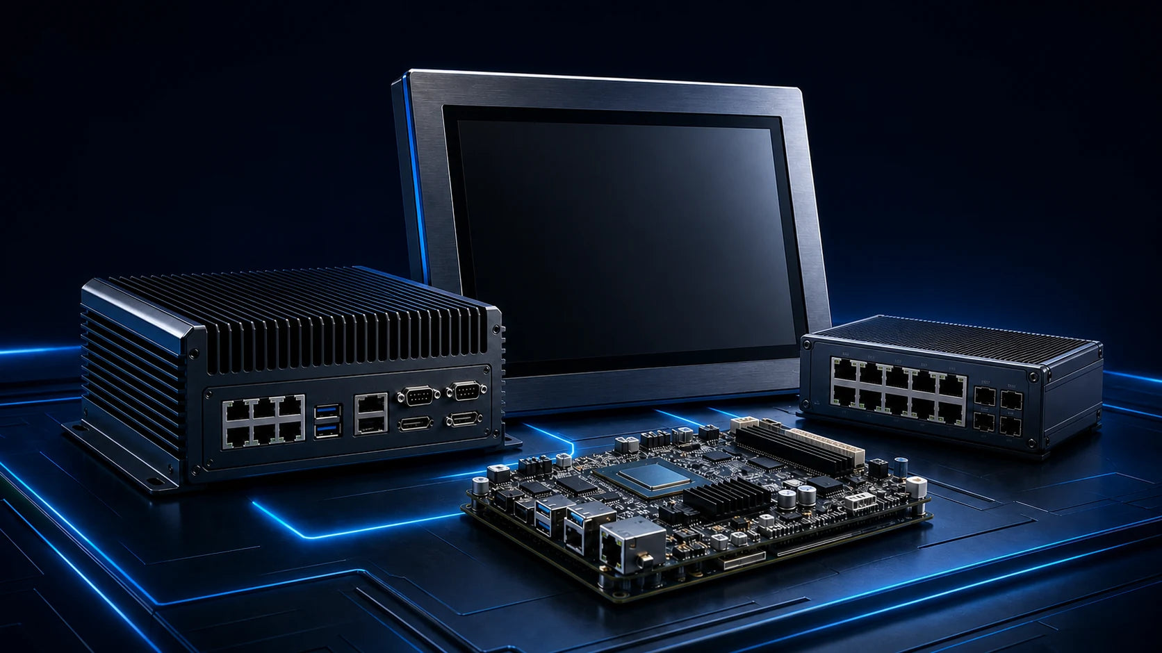 Ecossistema de hardware industrial com Edge AI, solução touch, redes industriais e componentes de integração